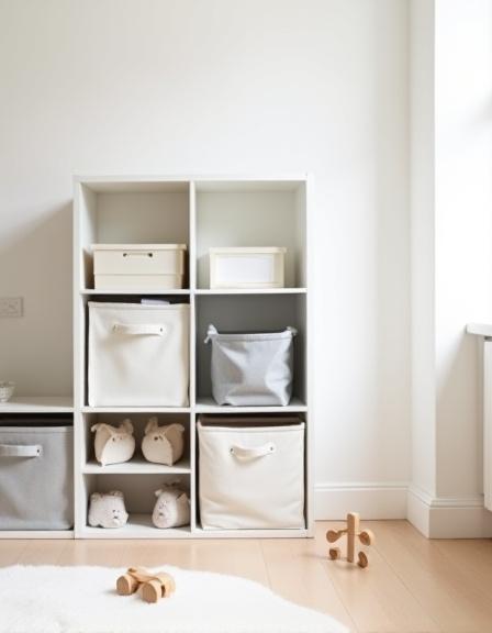 Organized playroom with low shelves and bin rotation system