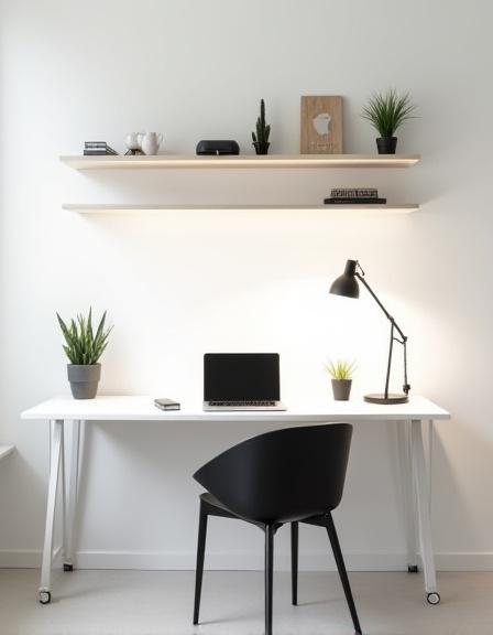 Minimalist home office desk with cable management and shelf organization