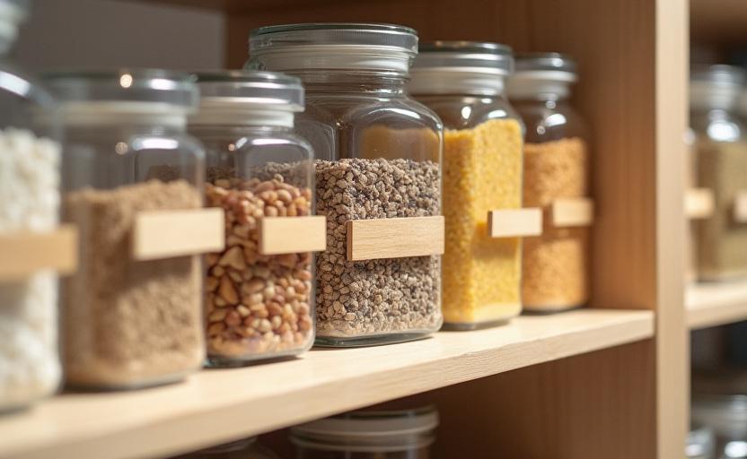 A perfectly labeled and zoned kitchen pantry with clear bins